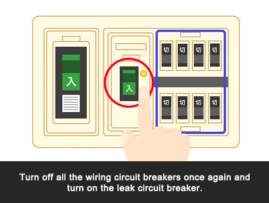 Turn off all the wiring circuit breakers once again and turn on the leak circuit breaker.