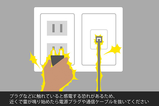 プラグなどに触れていると感電する恐れがあるため、近くで雷が鳴り始めたら電源プラグや通信ケーブルを抜いてください